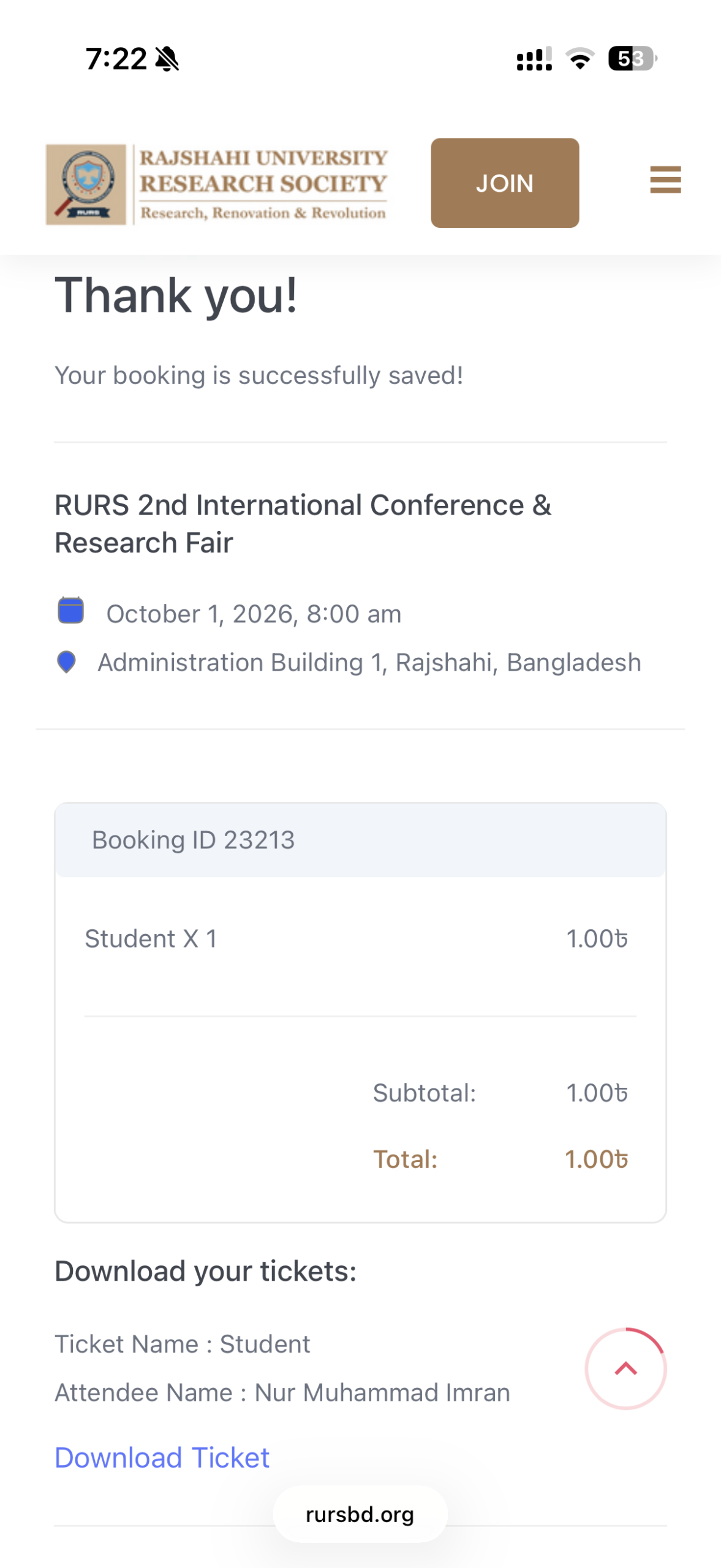 Booking Confirmation Page